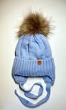 Зимняя вязаная шапка на завязках с натуральным помпоном Тимоха голубой