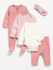 Набор одежды для новорожденных девочек - человечек, 2 боди с длинным рукавом, штанишки, повязка - Розовая геометрия Олд Неви