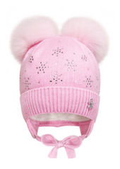 Детская зимняя шапка на завязках с натуральными помпонами Снежинки David's Star