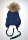 Зимняя вязаная шапка на завязках с натуральным помпоном Влас джинс