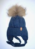 Зимняя вязаная шапка на завязках с натуральным помпоном Тимоха джинс