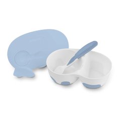 Тарелка глубокая двухкамерная с ложкой для кормления детей 6М+ Голубая BabyOno